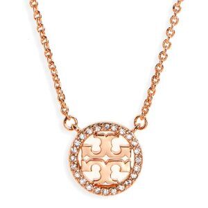 TORY BURCH - Rose Gold Circle Circle Logo Crystal Pave Pendant Necklace